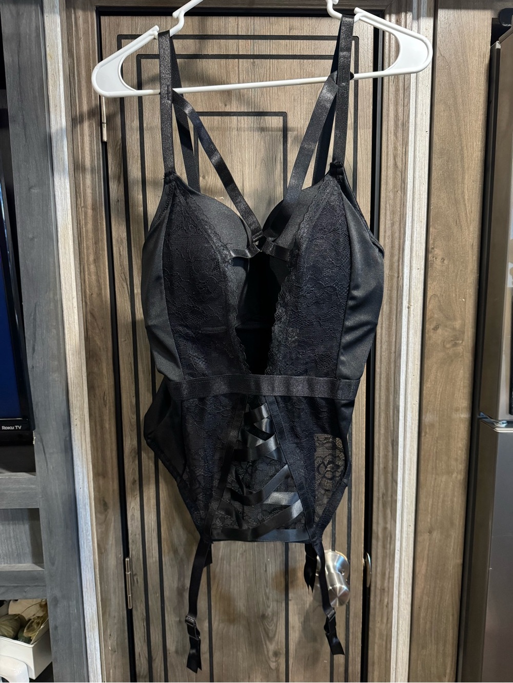 Women's Black Lace Strappy Bodysuit with Garter Details